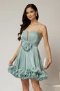 Rochie scurta verde mint din voal in clos cu volanase si floare maxi pe talie, 1, dyfashion.ro