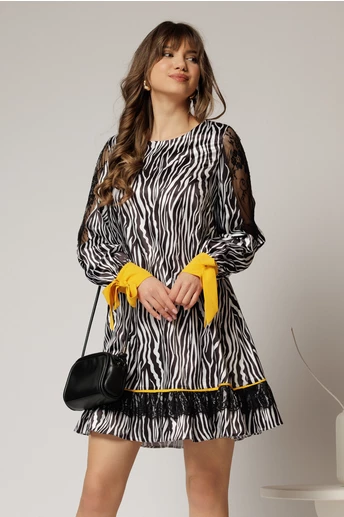 Rochie scurta zebra print din satin cu detalii galbene