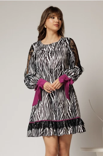 Rochie scurta zebra print din satin cu detalii mov