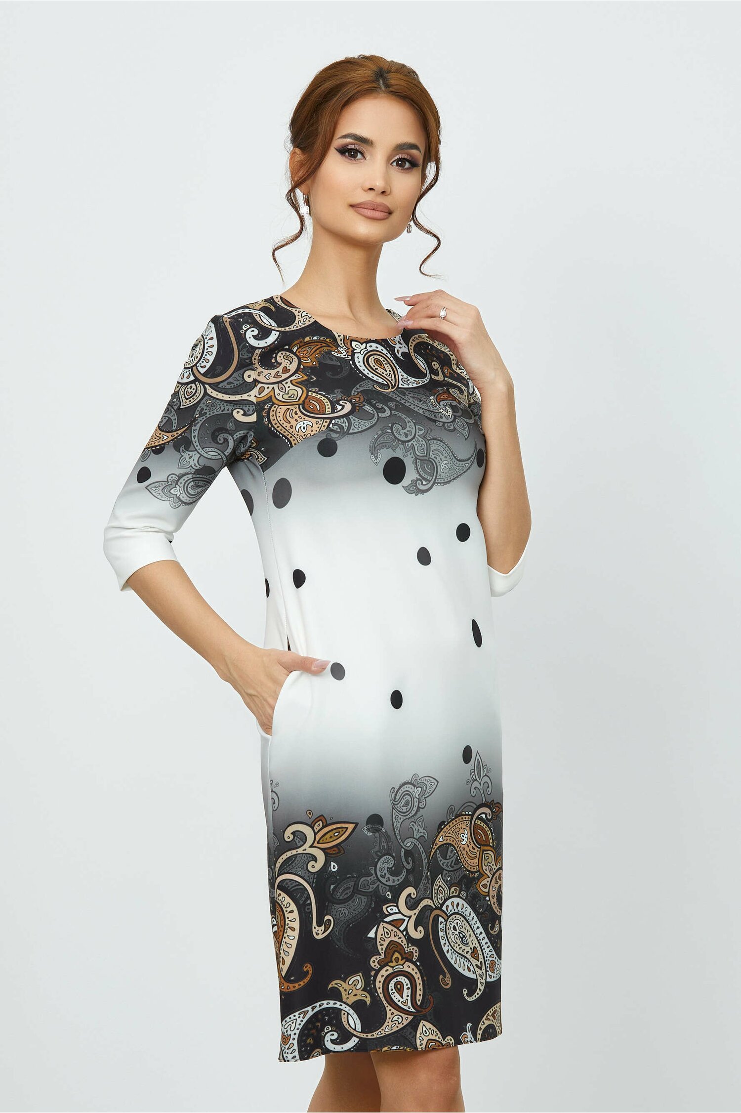 Rochie Simona alba in degrade cu imprimeu divers dyfashion.ro