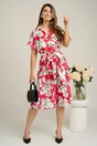 Rochie din viscoza alba cu imprimeuri fucsia si curea in talie
