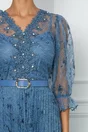 Rochie Sorana albastra cu fusta plisata si curea in talie