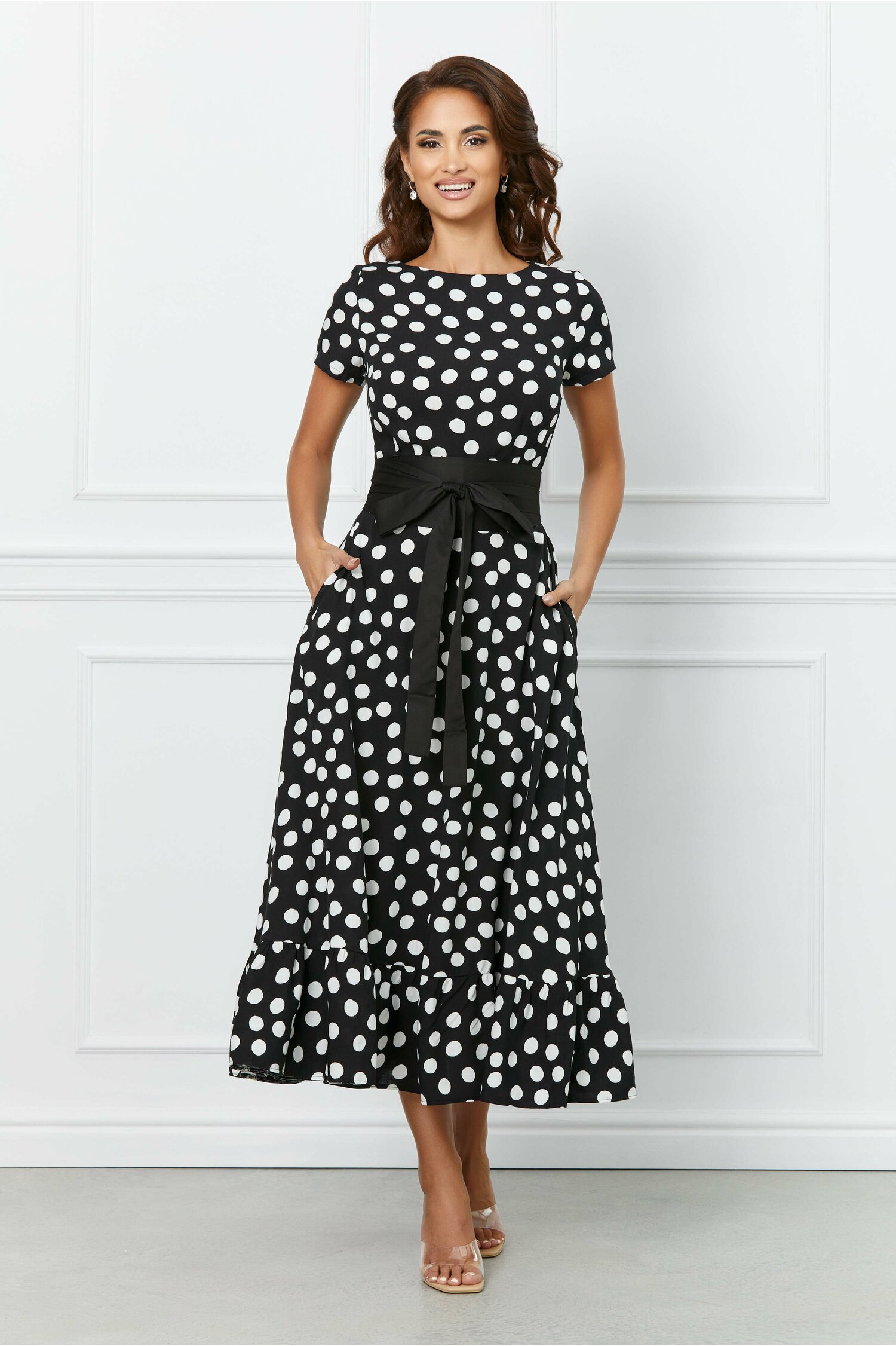 Rochie Sore neagra cu buline albe si cordon in talie