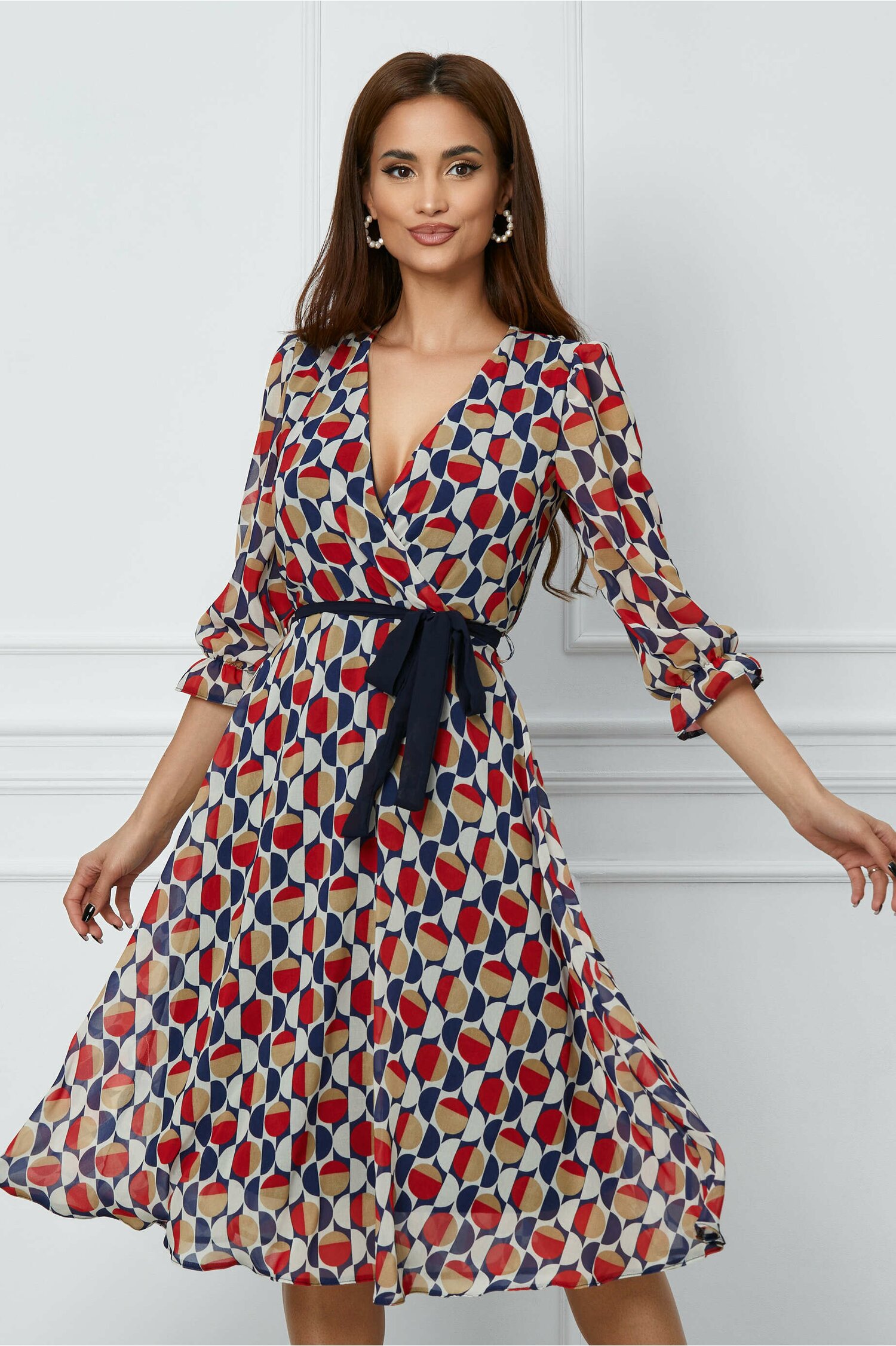 Rochie Sorina bleumarin cu buline bej-rosu dyfashion.ro