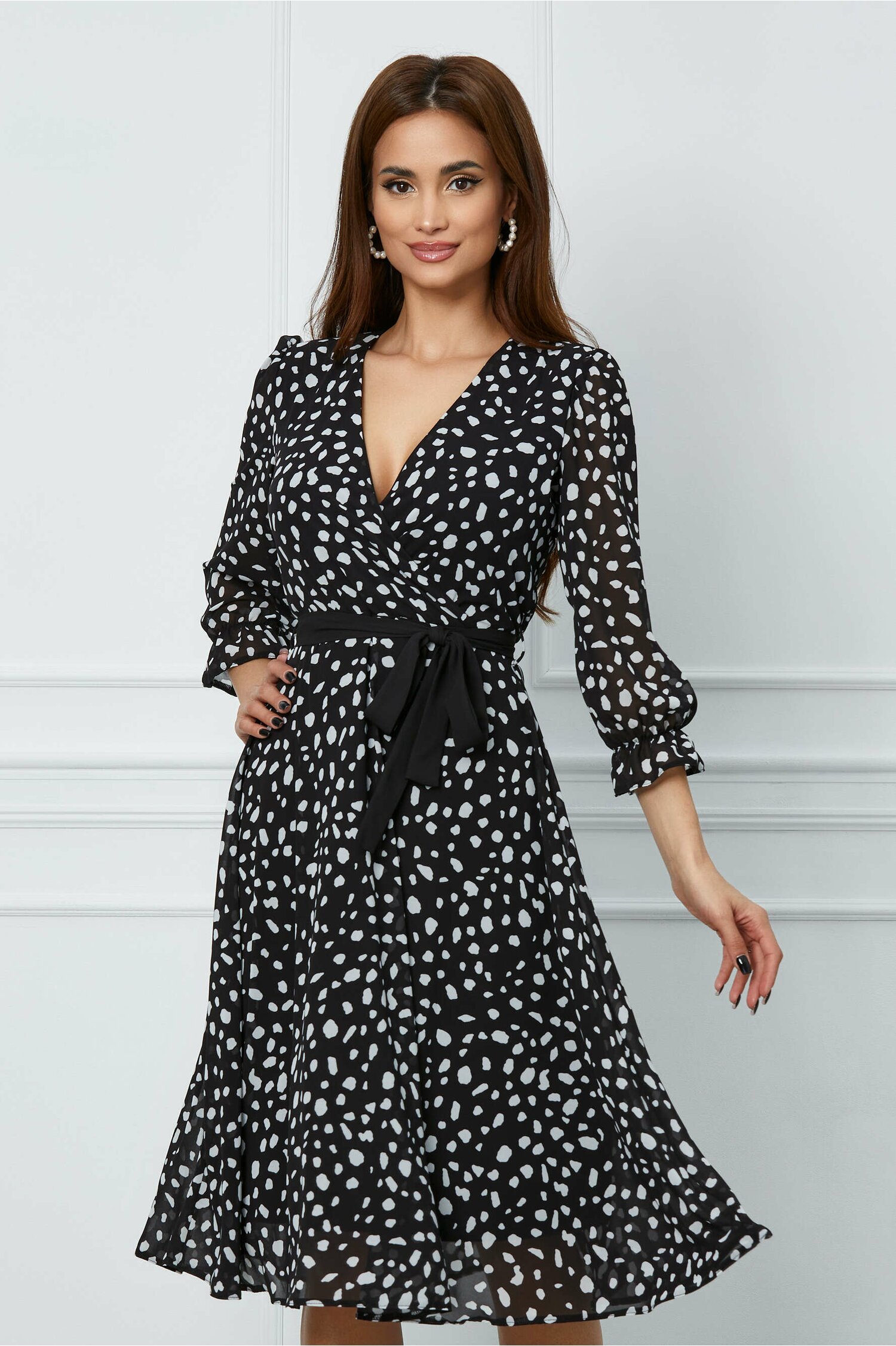 Rochie Sorina neagra cu imprimeuri albe