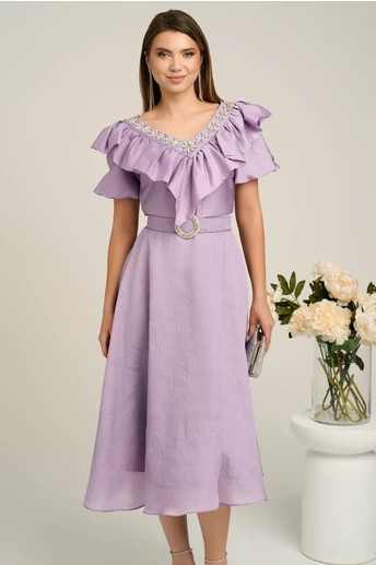 Rochie Suzzie lila cu strasuri si curea in talie