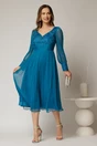 Rochie turcoaz de seara din matase naturala cu broderie la bust, 3, dyfashion.ro