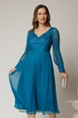 Rochie turcoaz de seara din matase naturala cu broderie la bust, 1, dyfashion.ro