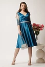 Rochie turcoaz din tafta in clos cu cordon in talie- Ella Collection Adria, 3, dyfashion.ro