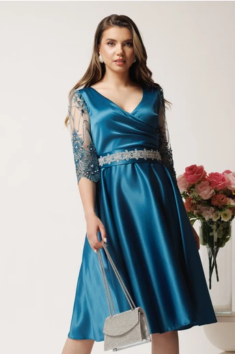 Rochie turcoaz din tafta in clos cu cordon in talie- Ella Collection Adria
