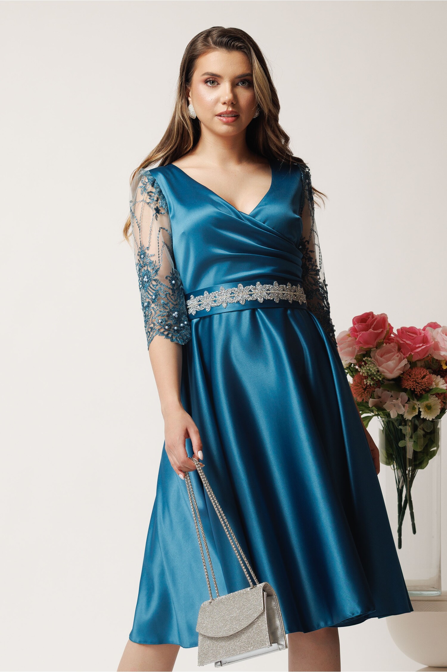 Rochie turcoaz din tafta in clos cu cordon in talie- Ella Collection Adria