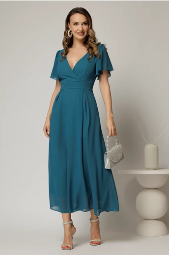 Rochie turcoaz lunga de ocazie din voal cu decolteul petrecut