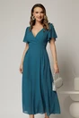 Rochie turcoaz lunga de ocazie din voal cu decolteul petrecut, 3, dyfashion.ro