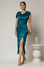 Rochie turcoaz midi de ocazie din tafta cu croi petrecut, 3, dyfashion.ro