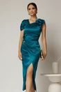 Rochie turcoaz midi de ocazie din tafta cu croi petrecut, 1, dyfashion.ro
