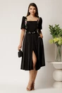 Rochie Valeria midi neagra din satin cu broderie florala si paiete la bust, 3, dyfashion.ro
