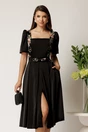 Rochie Valeria midi neagra din satin cu broderie florala si paiete la bust, 1, dyfashion.ro