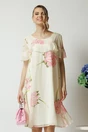 Rochie vaporoasa de zi din voal ivory cu trandafiri roz