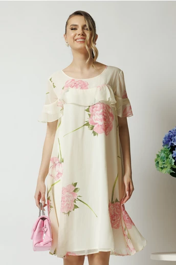 Rochie vaporoasa de zi din voal ivory cu trandafiri roz