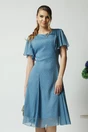 Rochie vaporoasa din voal bleu cu picatele si maneci scurte fluture