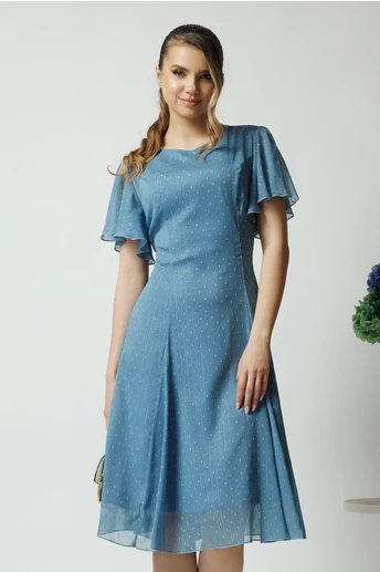 Rochie vaporoasa din voal bleu cu picatele si maneci scurte fluture