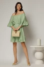 Rochie verde fistic din vascoza cu volan la baza si maneci trei sferturi, 3, dyfashion.ro