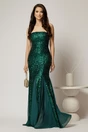 Rochie verde lunga de seara din paiete cu bretele subtiri si insertii de voal pe fusta, 1, dyfashion.ro