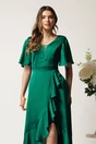 Rochie verde lunga din satin in clos cu volan si crapatura pe fusta, 3, dyfashion.ro