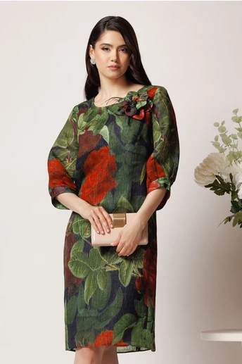 Rochie Viada din organza verde cu imprimeu si floare la bust