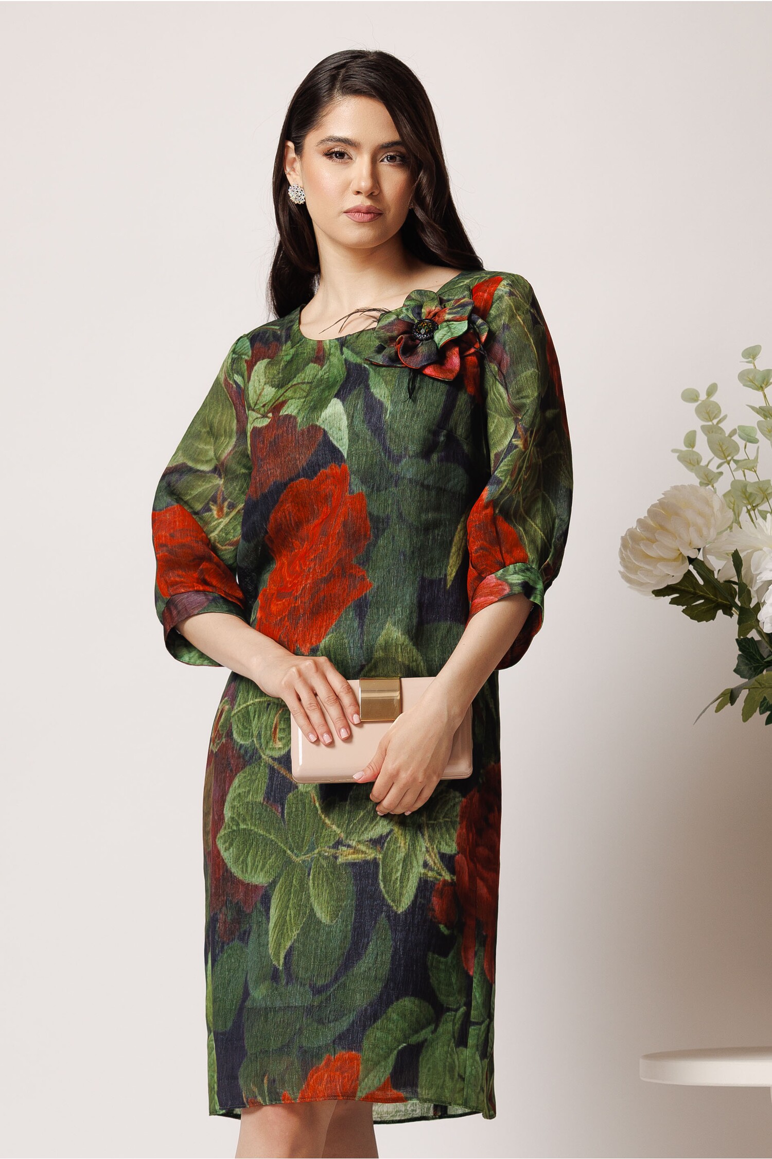 Rochie Viada din organza verde cu imprimeu si floare la bust
