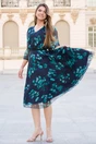 Rochie Viada din voal bleumarin cu imprimeuri verzi si floare la bust