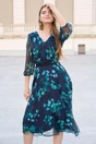 Rochie Viada din voal bleumarin cu imprimeuri verzi si floare la bust