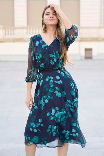 Rochie Viada din voal bleumarin cu imprimeuri verzi si floare la bust