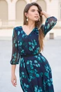 Rochie Viada din voal bleumarin cu imprimeuri verzi si floare la bust