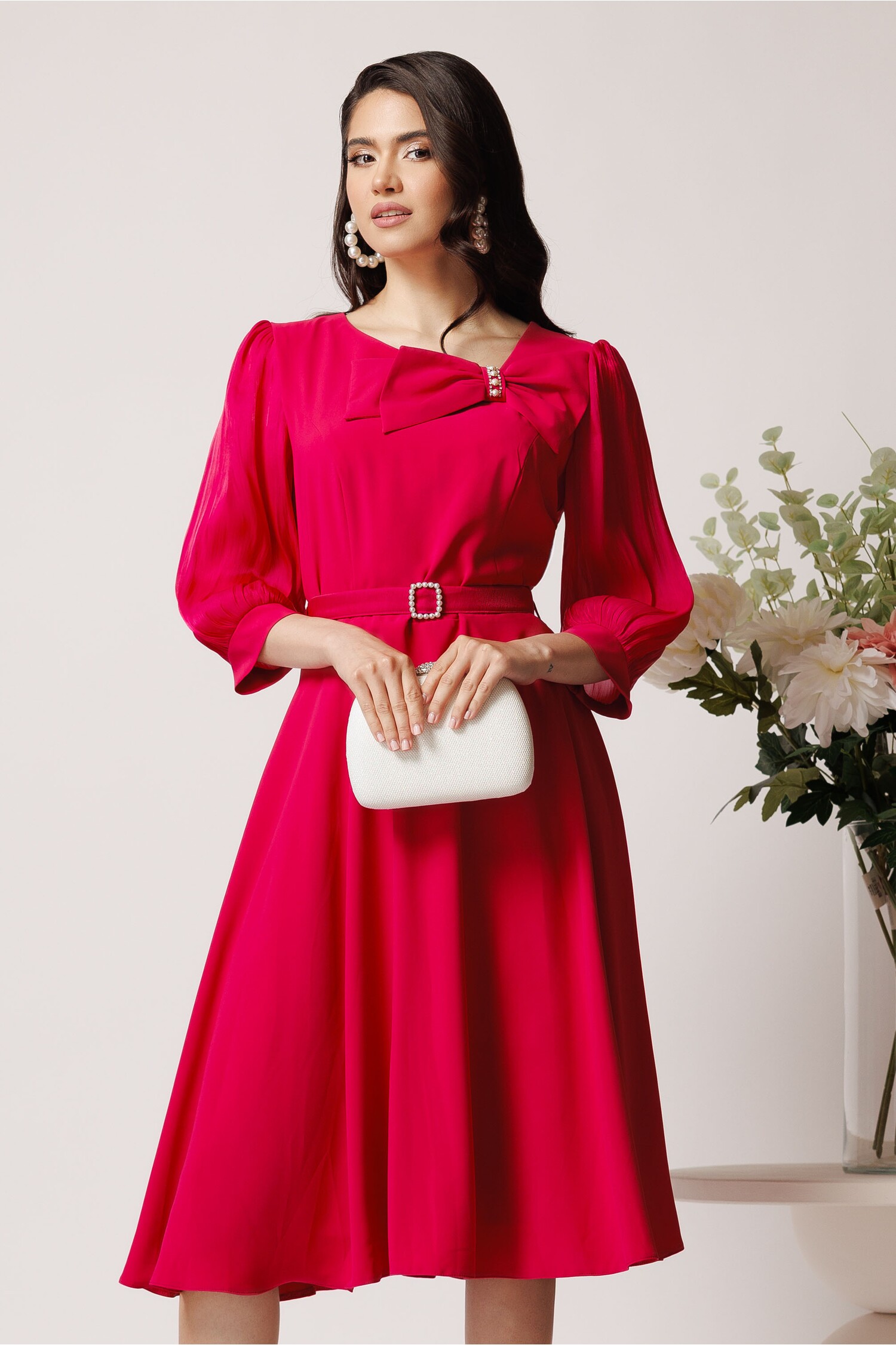 Rochie Viada din voal fucsia cu funda la bust si cordon in talie