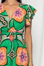 Rochie Wendy verde cu imprimeu floral colorat si baza asimetrica