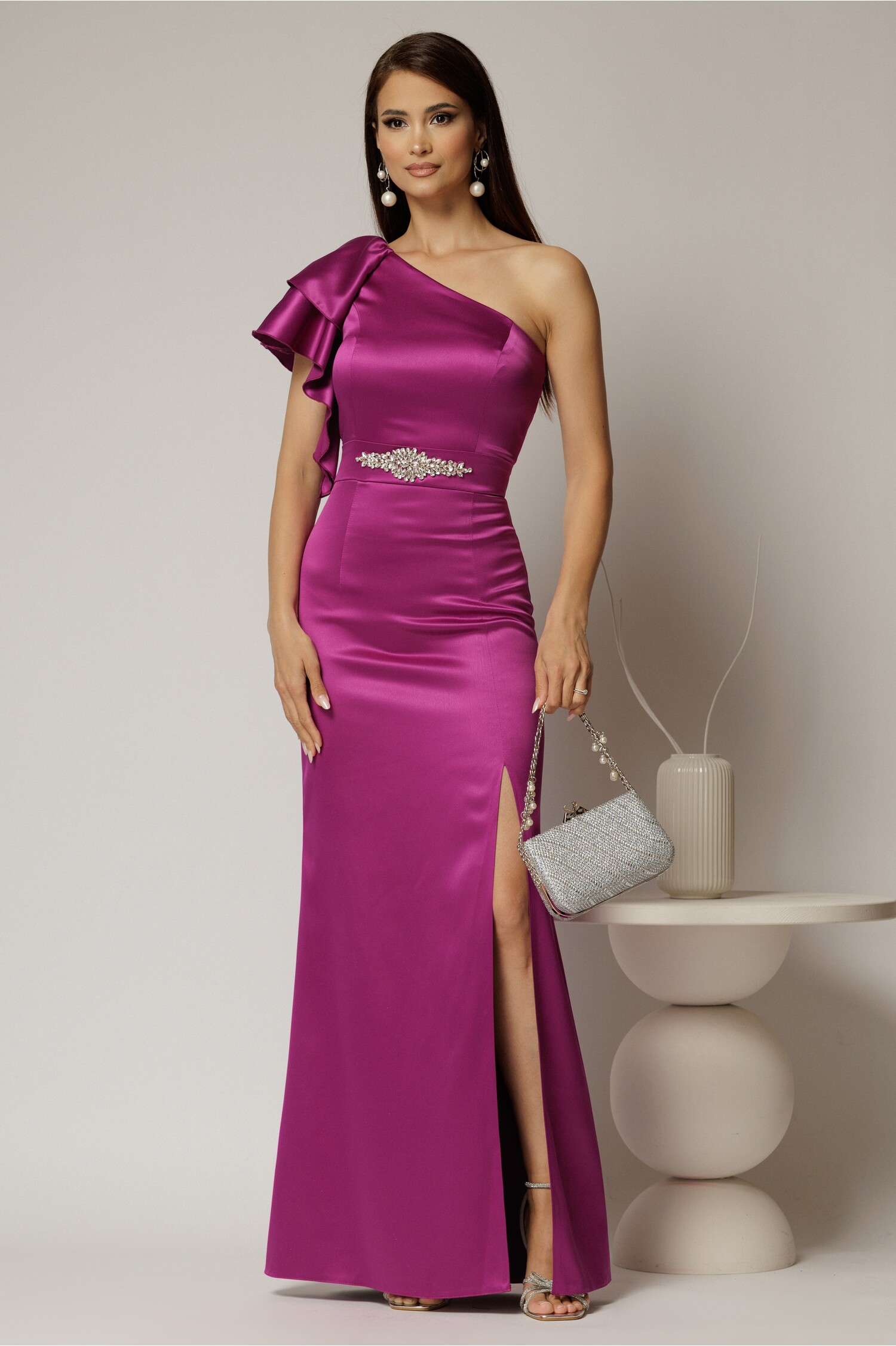 Rochie Zara lunga eleganta din tafta magenta cu un umar gol