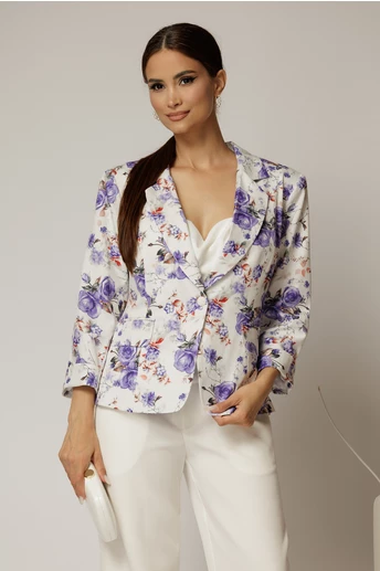 Sacou dama alb cu imprimeu floral lila