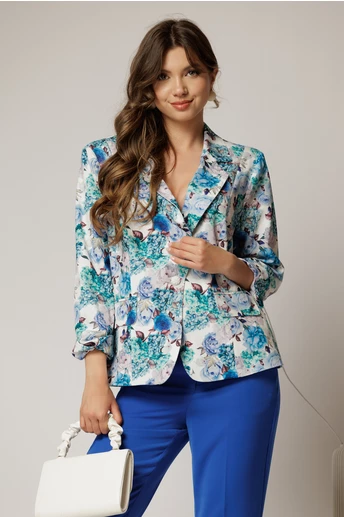 Sacou dama alb cu imprimeu floral turcoaz