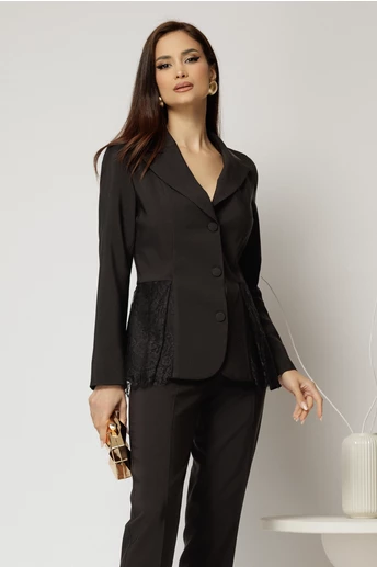 Sacou dama negru cu aplicatii din dantela si croi cambrat
