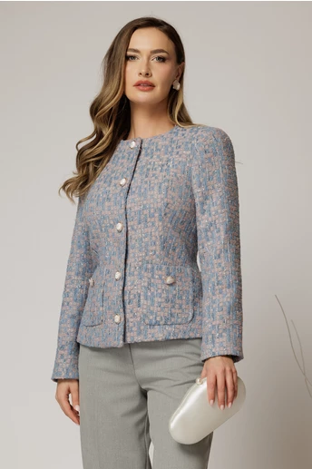 Sacou din tweed cu imprimeuri roz bleu si fir lurex