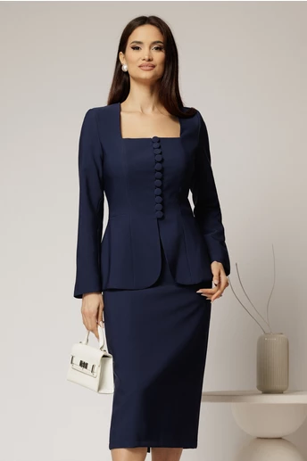 Sacou DY Fashion bleumarin cambrat cu peplum si inchidere cu nasturi