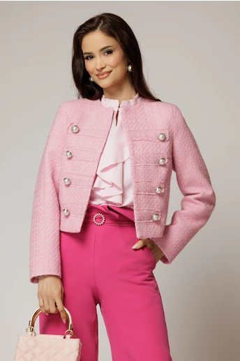 Sacou DY Fashion roz din tweed si nasturi decorativi