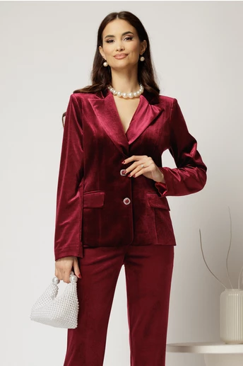 Sacou elegant din catifea bordo si inchidere cu doi nasturi