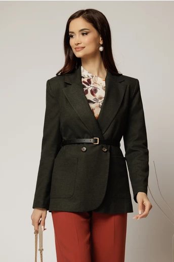 Sacou gri din stofa cu croi drept si curea in talie