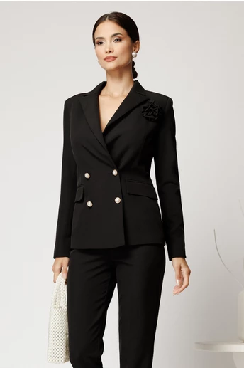 Sacou negru din stofa cu croi cambrat si floare pe bust