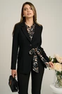 Sacou office din stofa negru cu funda din satin in talie