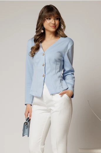 Sacou scurt bleu cambrat din jerse si inchidere cu nasturi
