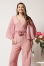 Salopeta DY Fashion roz cu pantaloni evazati si floare in talie, 3, dyfashion.ro