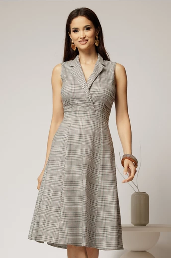 Sarafan DY Fashion din carou bej cu decolteu petrecut